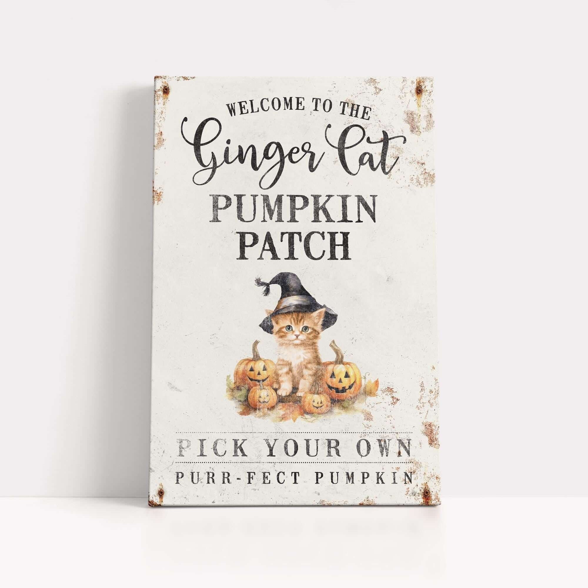 a sign that says, welcome to the ginger cat pumpkin patch