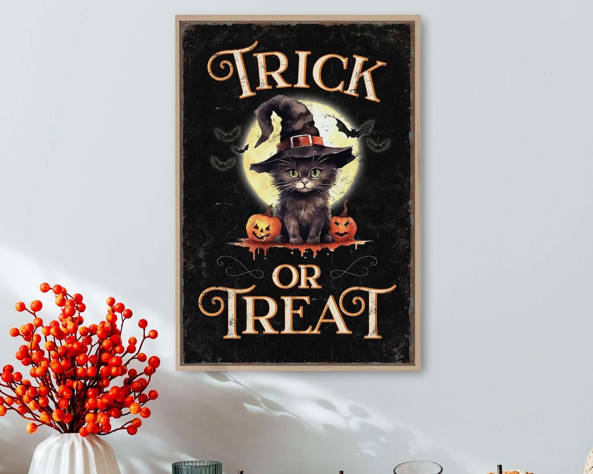 a trick or treat poster hanging on a wall