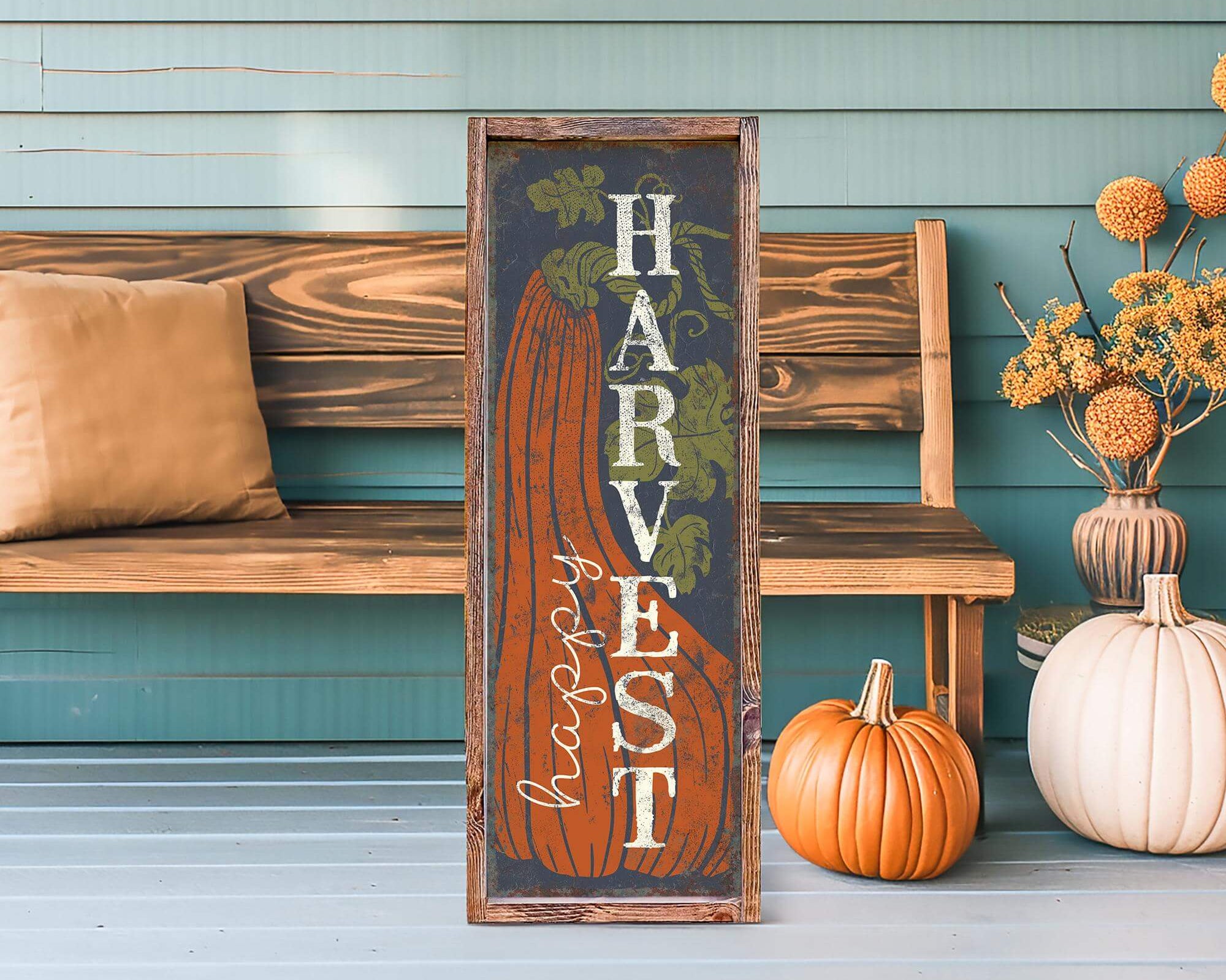 a wooden sign sitting on top of a wooden bench