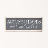 a wooden sign that says autumn leaves and apples please