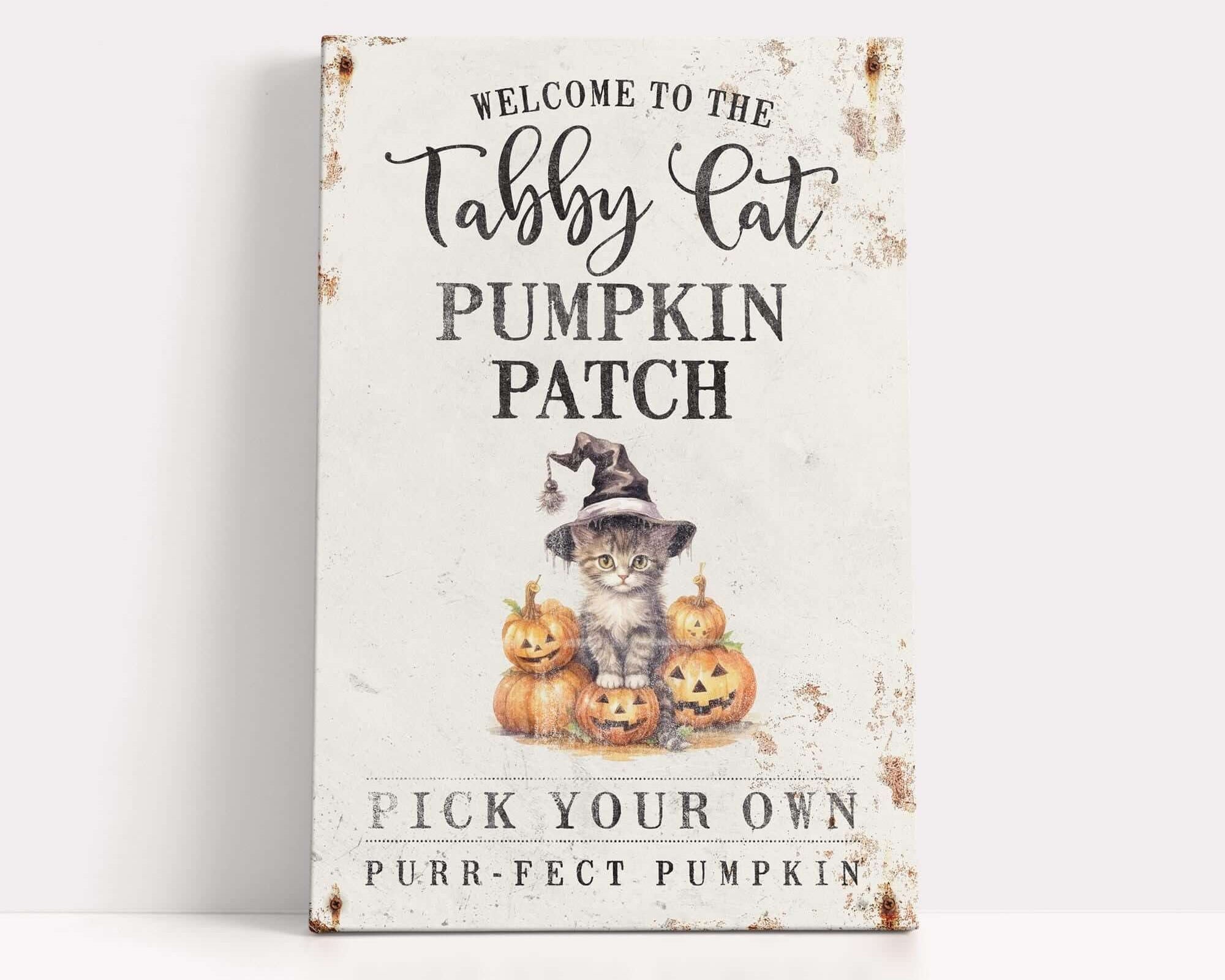 a sign that says, welcome to the tabby cat pumpkin patch