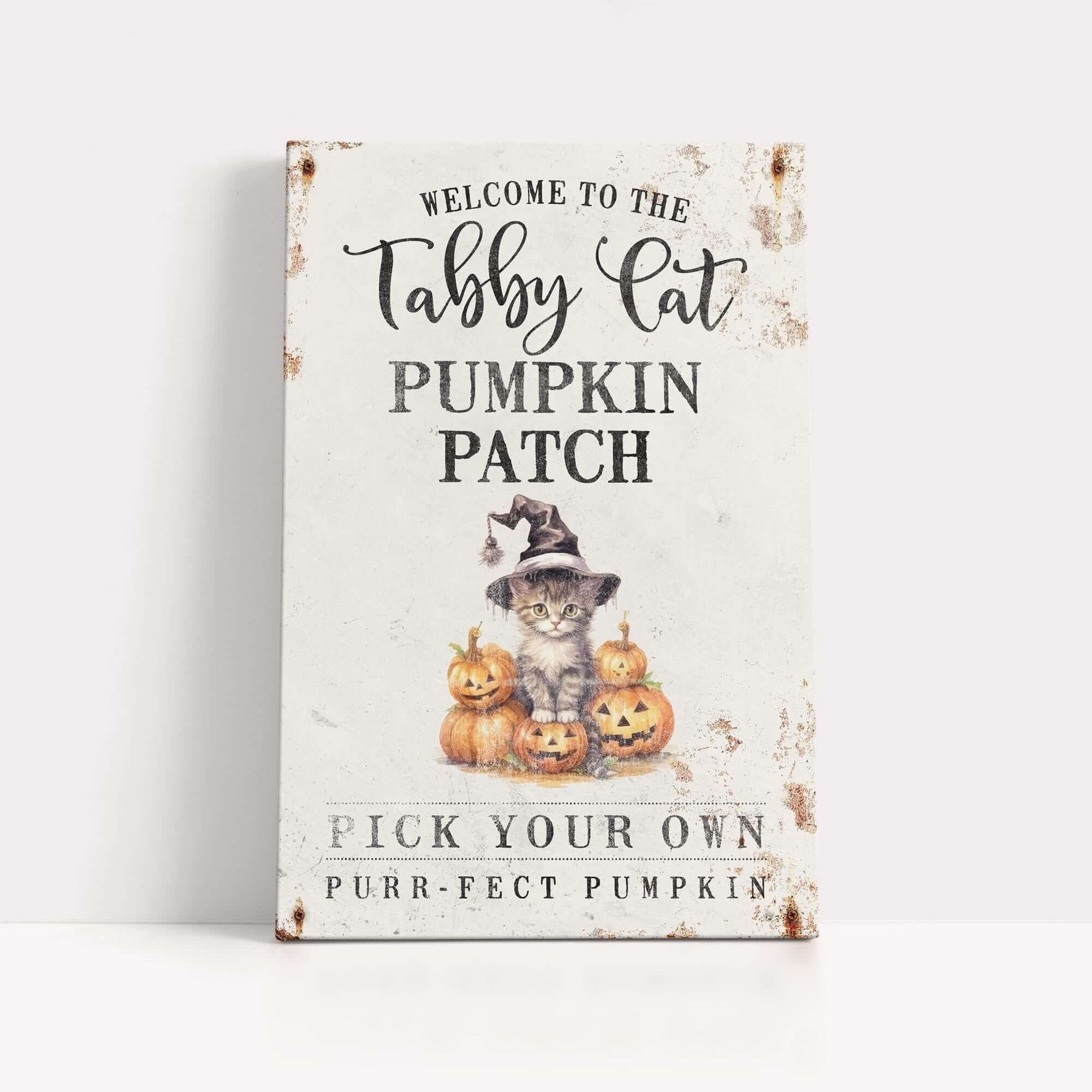 a sign that says, welcome to the tabby cat pumpkin patch