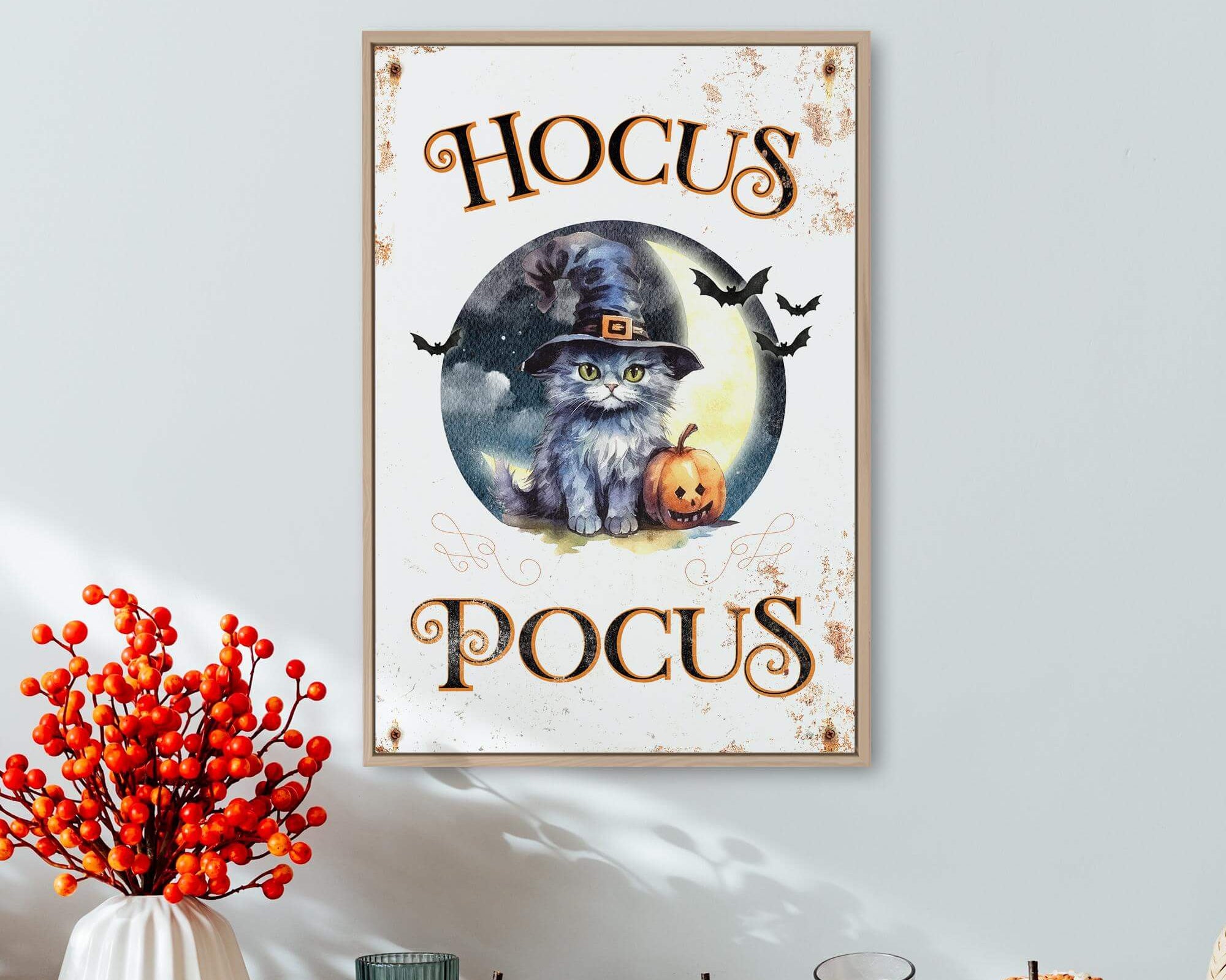 a wooden sign that says hoccus's pocus with a picture of a