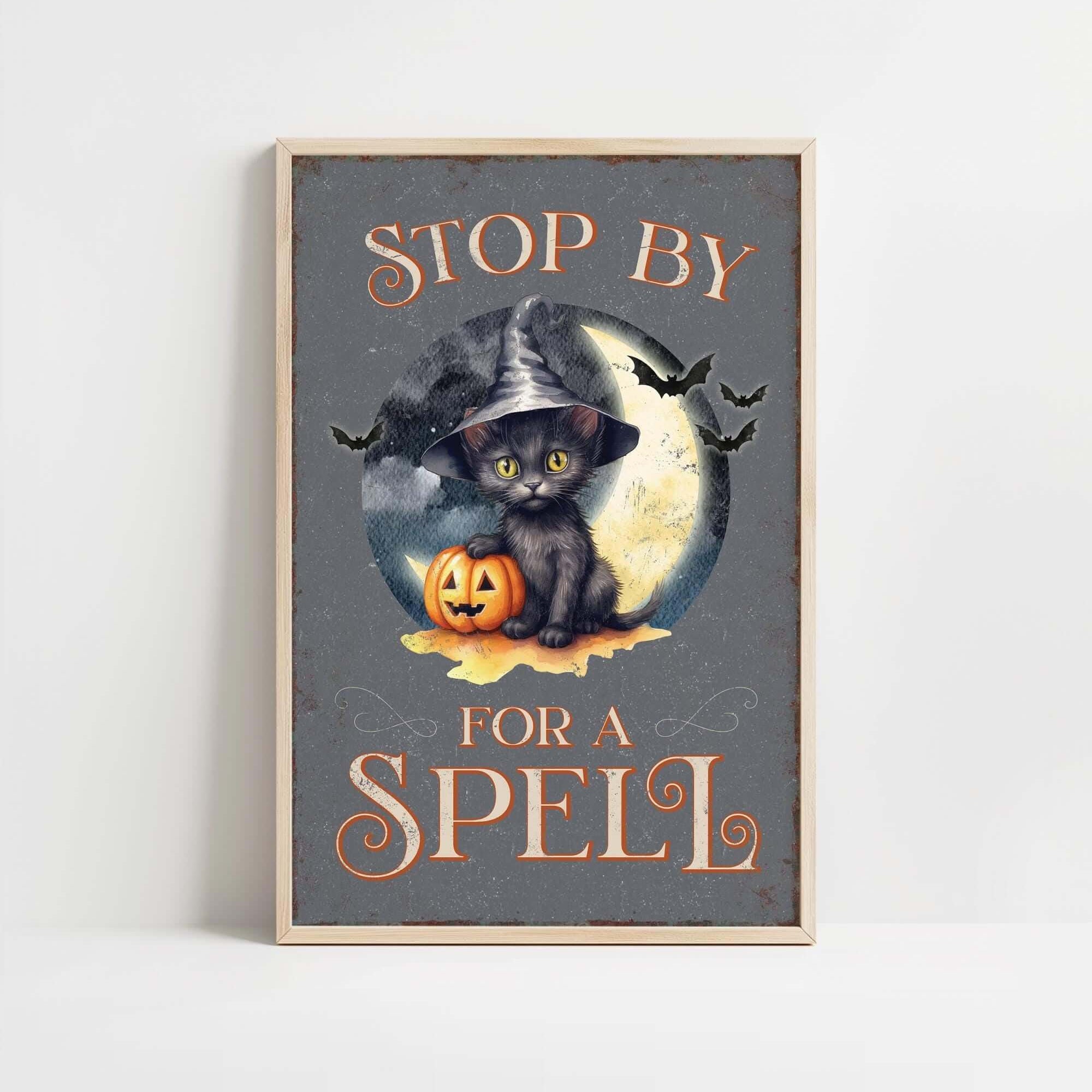 a picture of a black cat with a witches hat