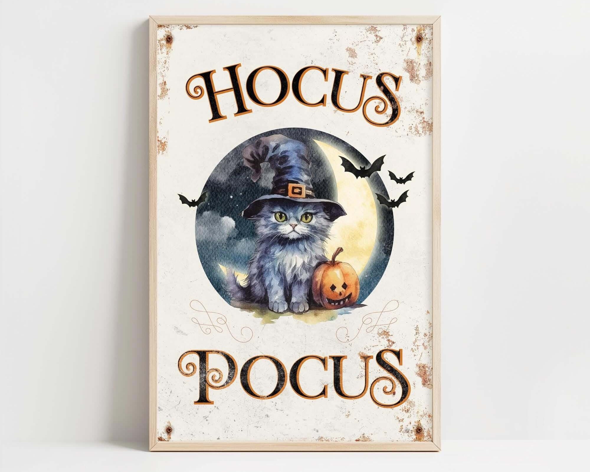 a wooden sign with a cat wearing a witches hat