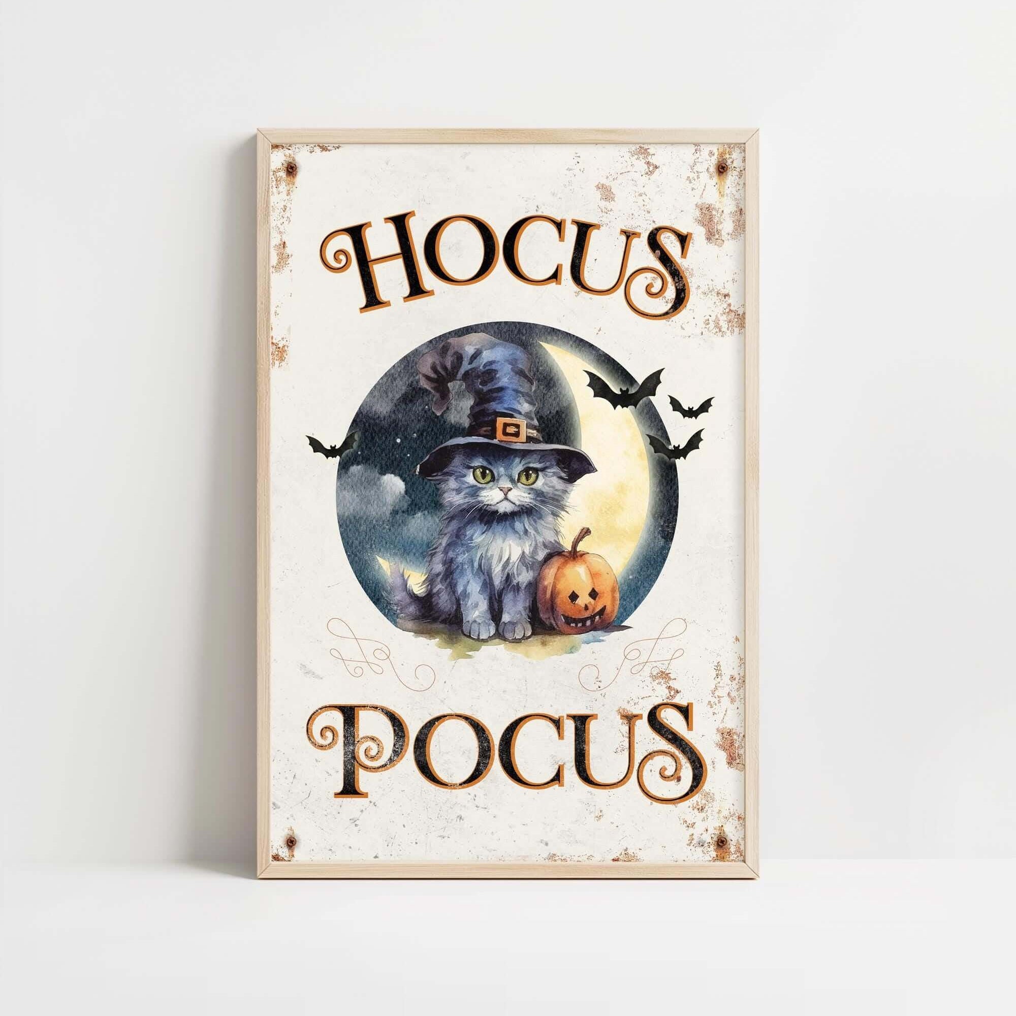 a wooden sign with a cat wearing a witches hat