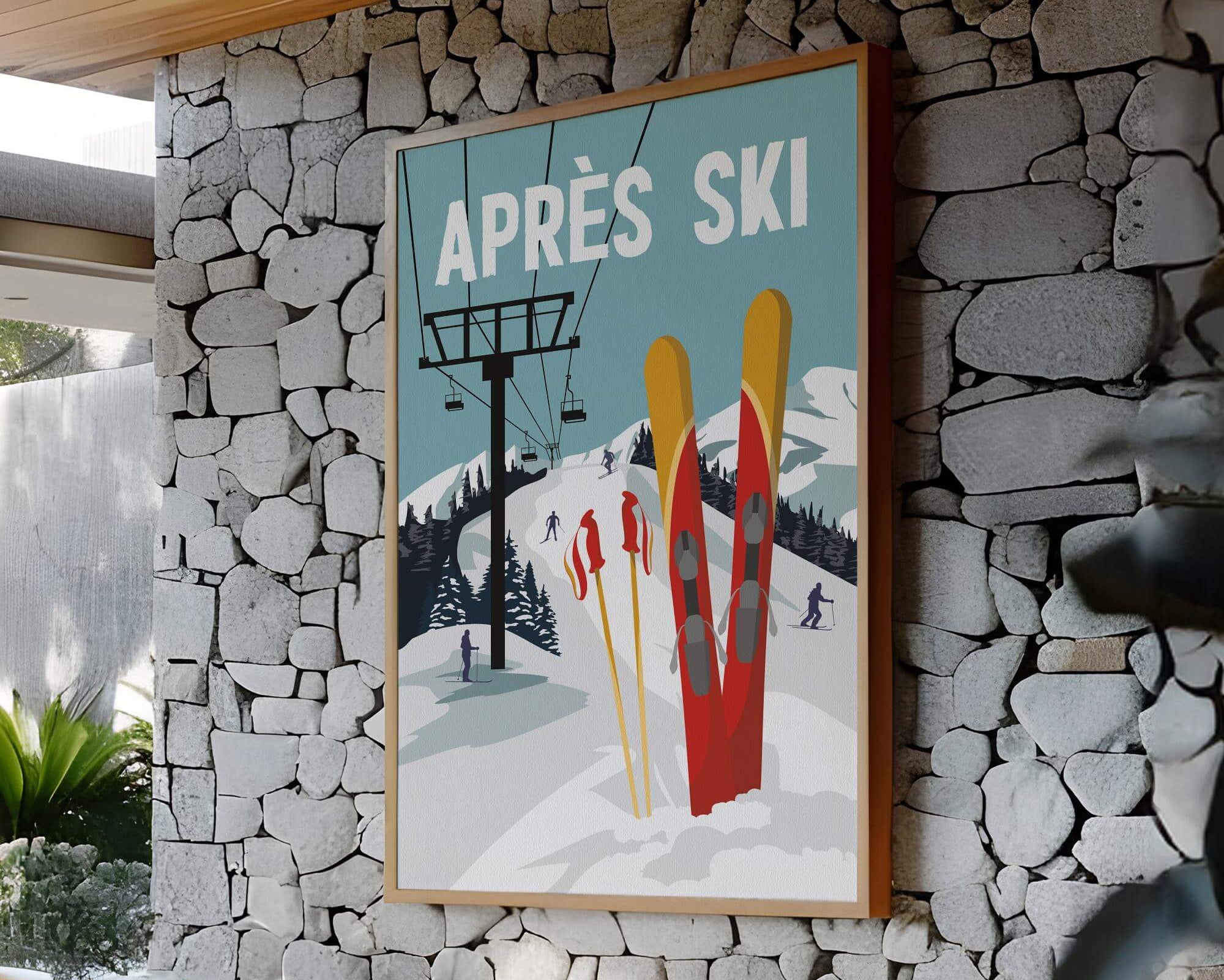The Apres Ski Retro Poster, Red features skis and a lift with "APRÈS SKI" text—ideal as festive decor or a vintage accent in any modern farmhouse-style room.