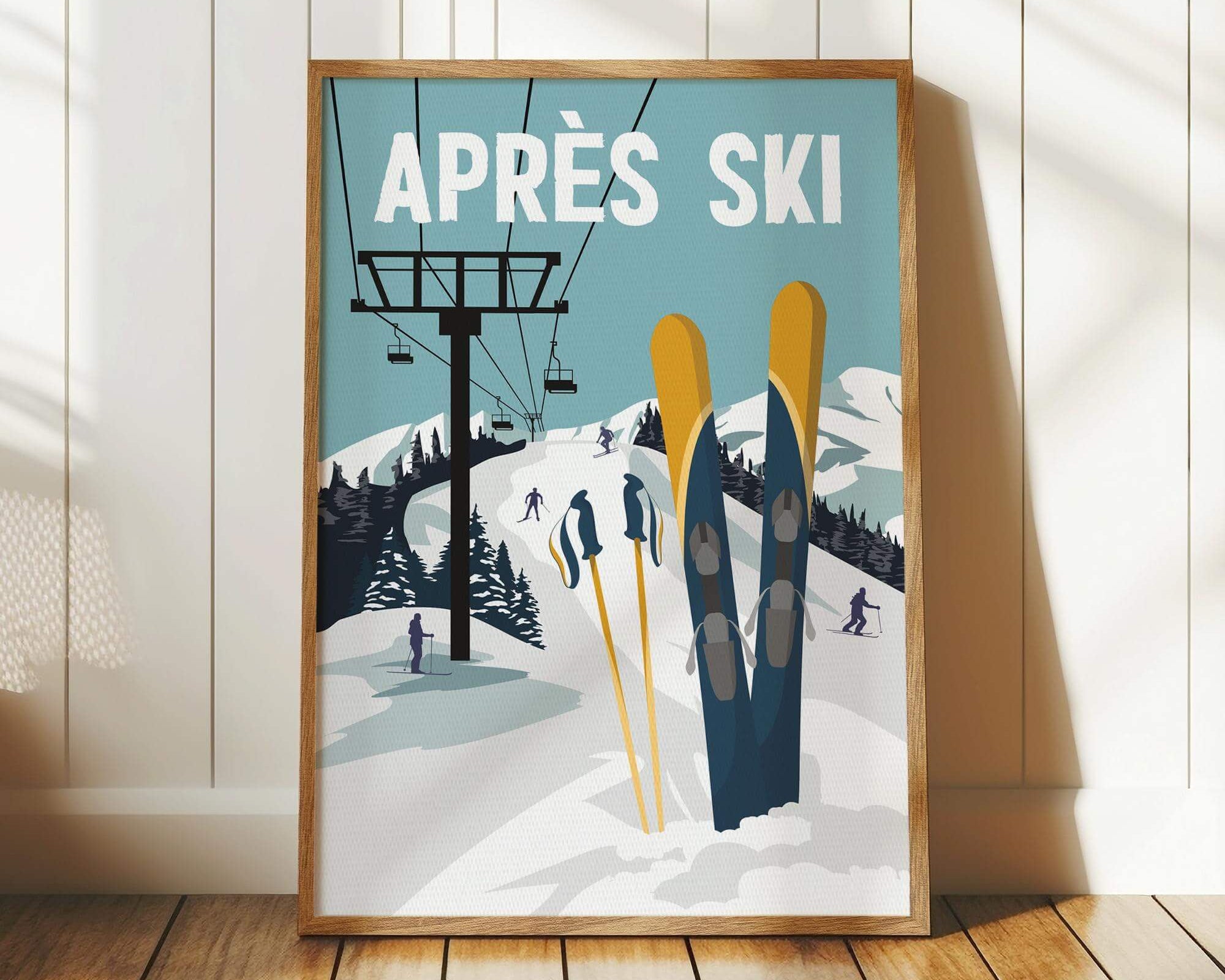 Apres Ski Retro Poster, Navy—this framed print with skis, snow, and a ski lift leans against a sunlit white wall; perfect vintage holiday decor for your modern farmhouse.