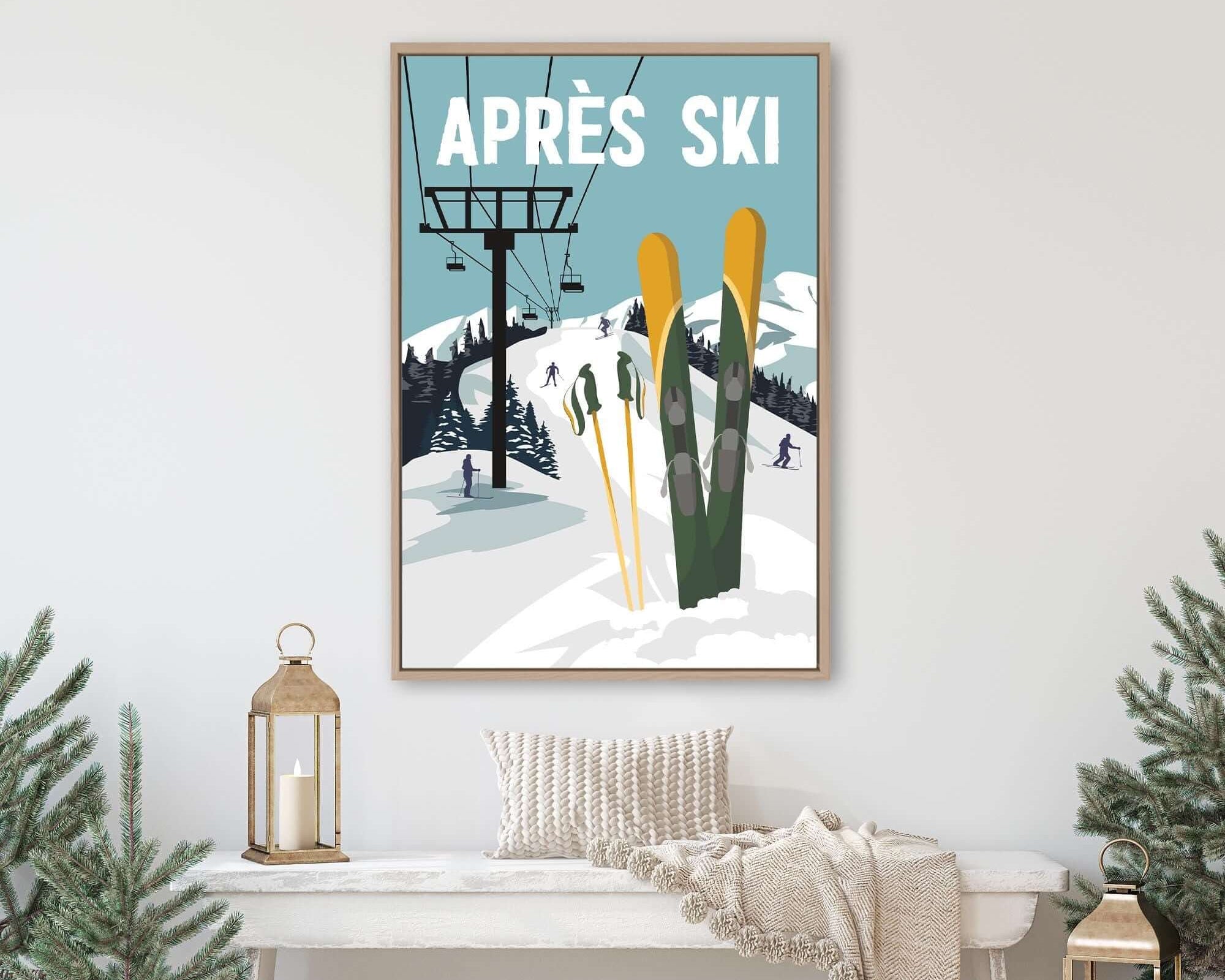 a ski poster hangs on a wall above a bench