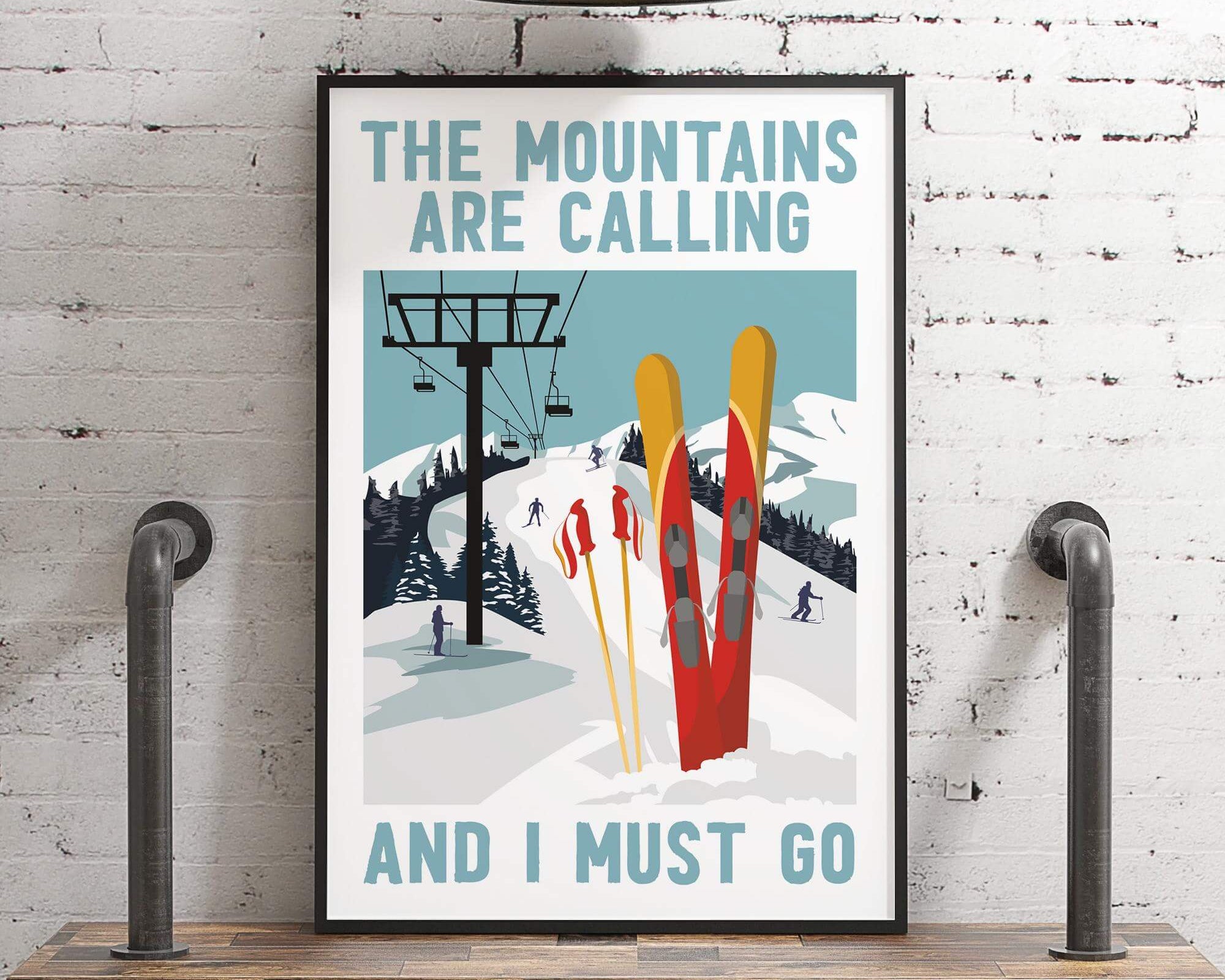 The Mountains Are Calling Retro Ski Poster, Red, features skis and snowy slopes with the quote "The mountains are calling and I must go"—a perfect vintage sign for holiday decor or a cozy farmhouse vibe.