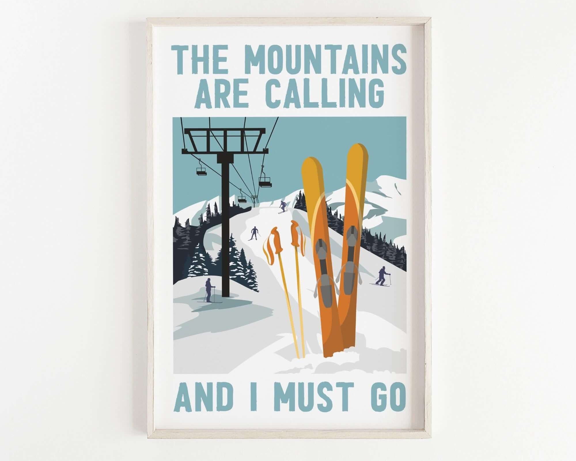 a poster of skis and ski poles on a white wall
