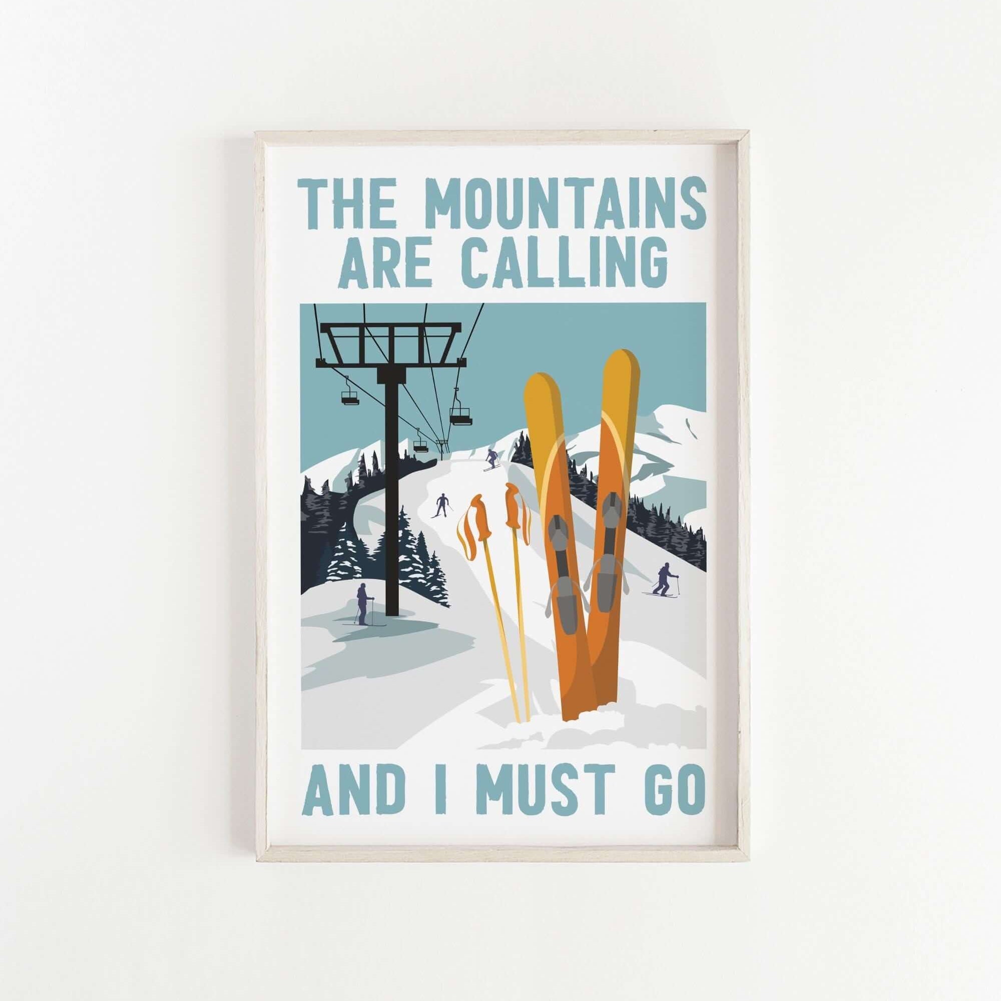 a poster of skis and ski poles on a white wall