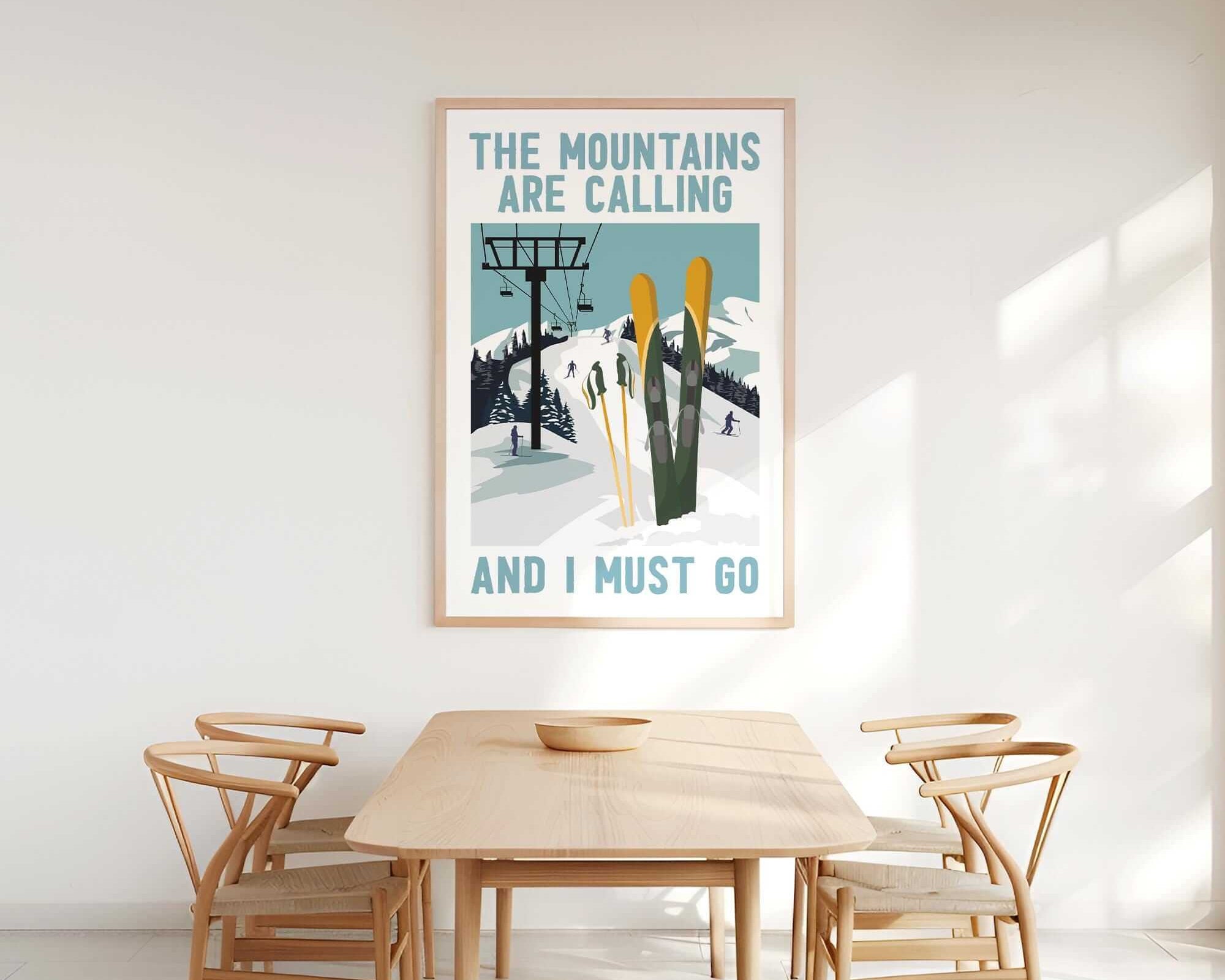 a dining room table with chairs and a poster on the wall