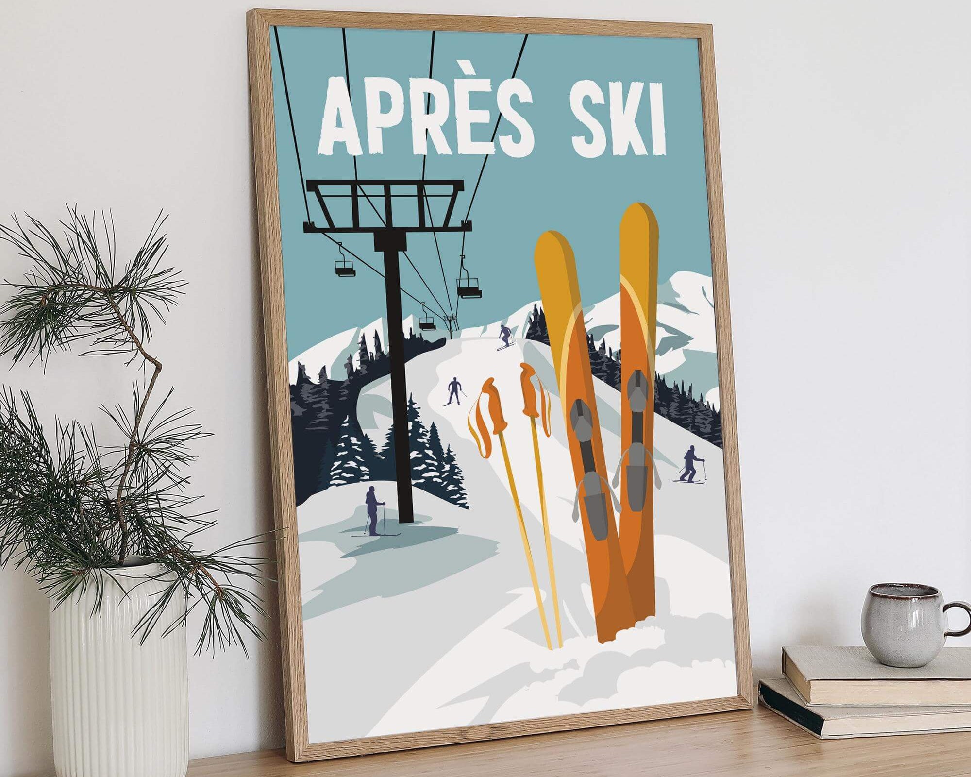 The Apres Ski Retro Poster, Orange features a ski scene and adds vintage charm to your winter retreat—perfect holiday decor when displayed on a table with a plant, mug, and book.