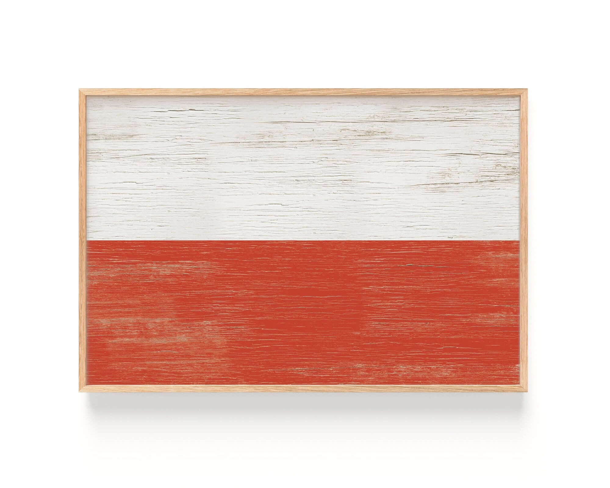 A framed Vintage World Flag Poster of Poland features a red and white horizontal striped design with a rustic, weathered look—perfect for vintage flag art lovers.
