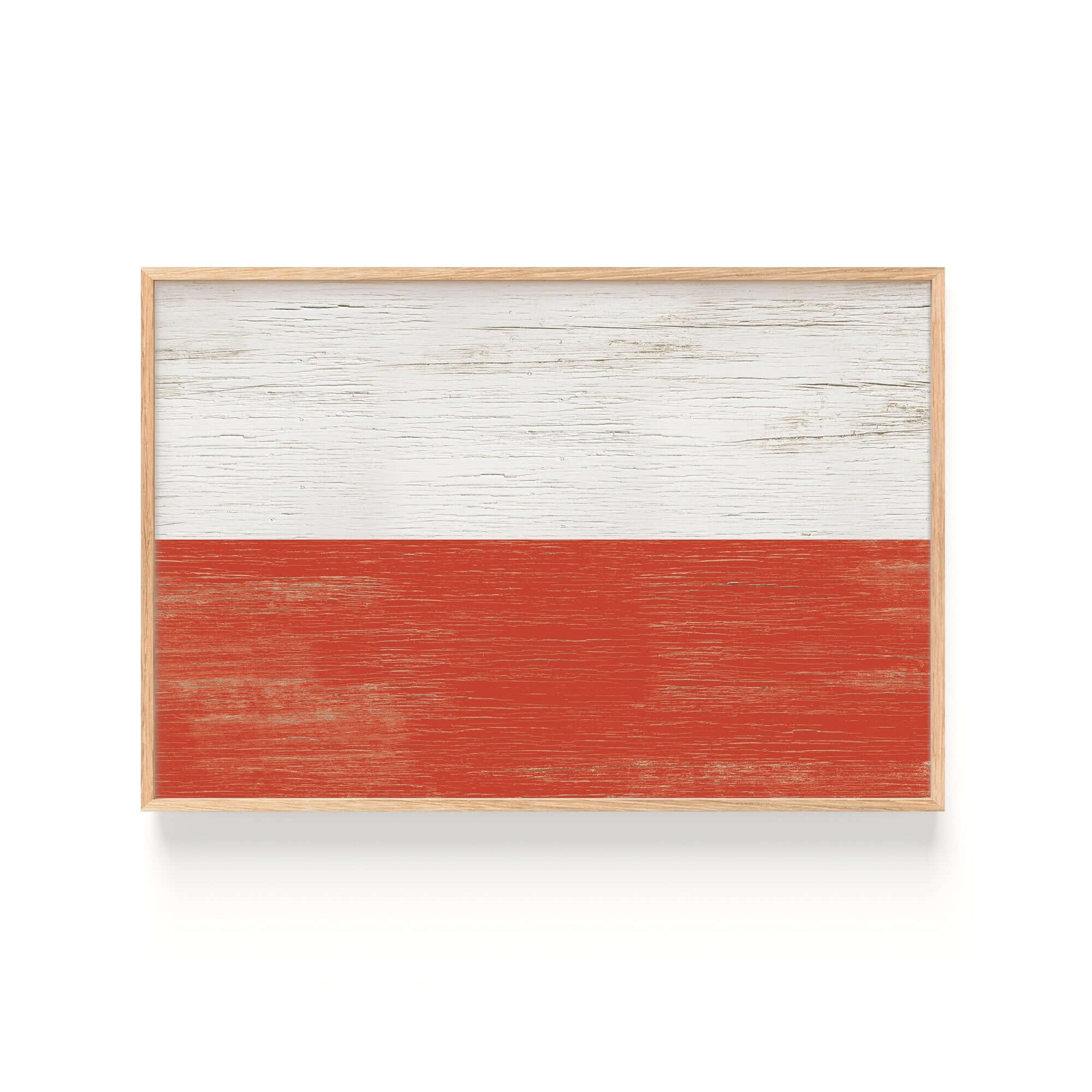 A framed Vintage World Flag Poster of Poland features a red and white horizontal striped design with a rustic, weathered look—perfect for vintage flag art lovers.