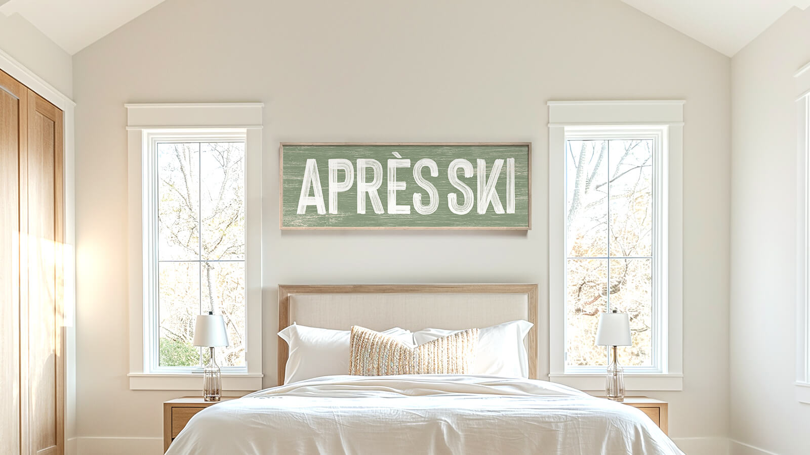 Bright bedroom with large windows, white bedding, and a sign above the bed reading "APRÈS SKI.